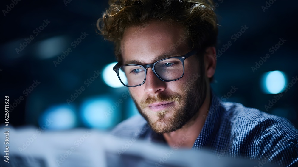Obraz premium Focused businessman reviewing financial data at night