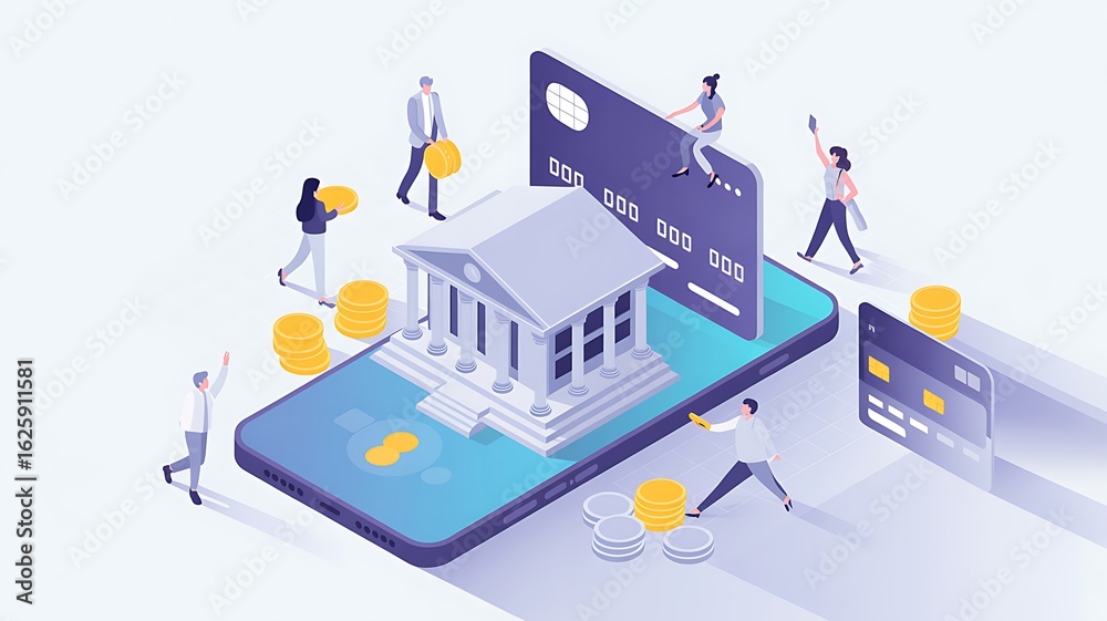 Obraz premium Digital banking concept with isometric bank building on smartphone