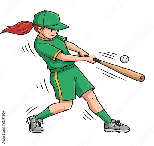 Cartoon girl baseball player swinging bat, wearing green sports uniform and cap, hitting ball with energy, action sports character illustration
