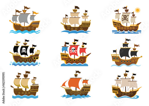 Pirate ship Vector Illustration, Pirate ship Icon Set