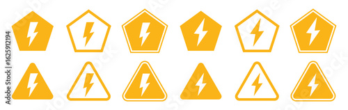 Set of high voltage warning sign with a lightning bolt symbol indicates electrical shock danger. Caution alarm alert set, triangle warn sign, attention.