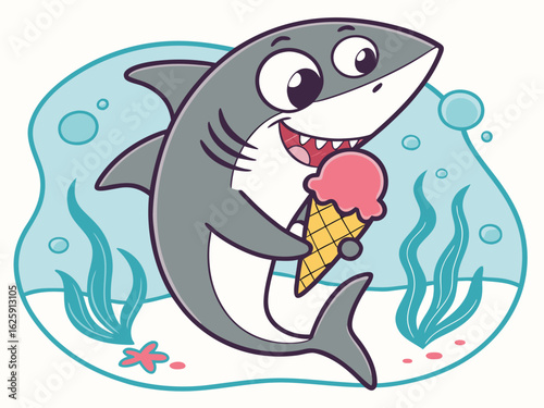 Cartoon Shark Enjoying Ice Cream Underwater with Seaweed and Starfish Illustration