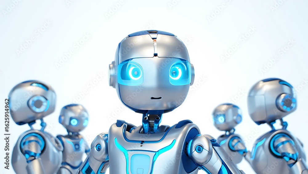 Naklejka premium Adorable Silver and Blue Robot with Luminous Eyes Standing Among Other Modern Bots on a Clean Background