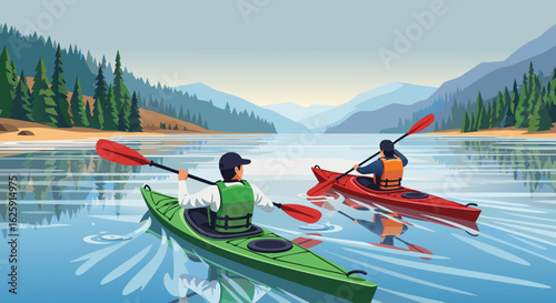 Scenic Illustration of Two Kayakers on a Tranquil Mountain Lake at Dawn, Surrounded by Forest and Reflective Waters