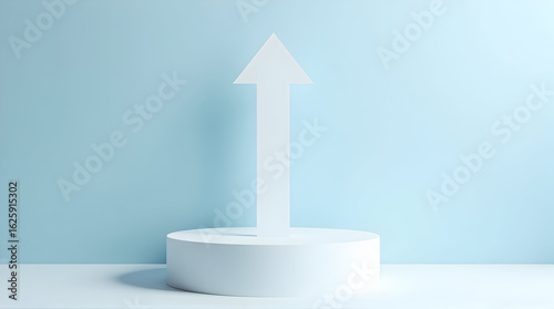 White Arrow on Circular Platform in Minimalist Light Blue Studio