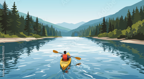 Digital Illustration of a Solo Kayaker in Yellow Kayak Paddling Through a Serene Mountain River Surrounded by Forest and Distant Blue Peaks