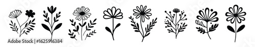 Naive art boho wildflower silhouettes set - flat black vector elements on transparent background. Rustic botanical flower designs for meadow-themed patterns, folk art projects, and organic decorations