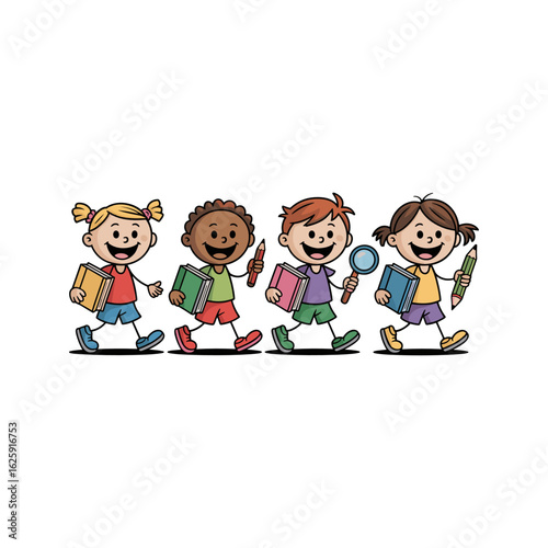 School children in school cartoon: cheerful students stepping forward together towards education, they each hold a book, magnifying glass, and pencil with a beaming smiles.