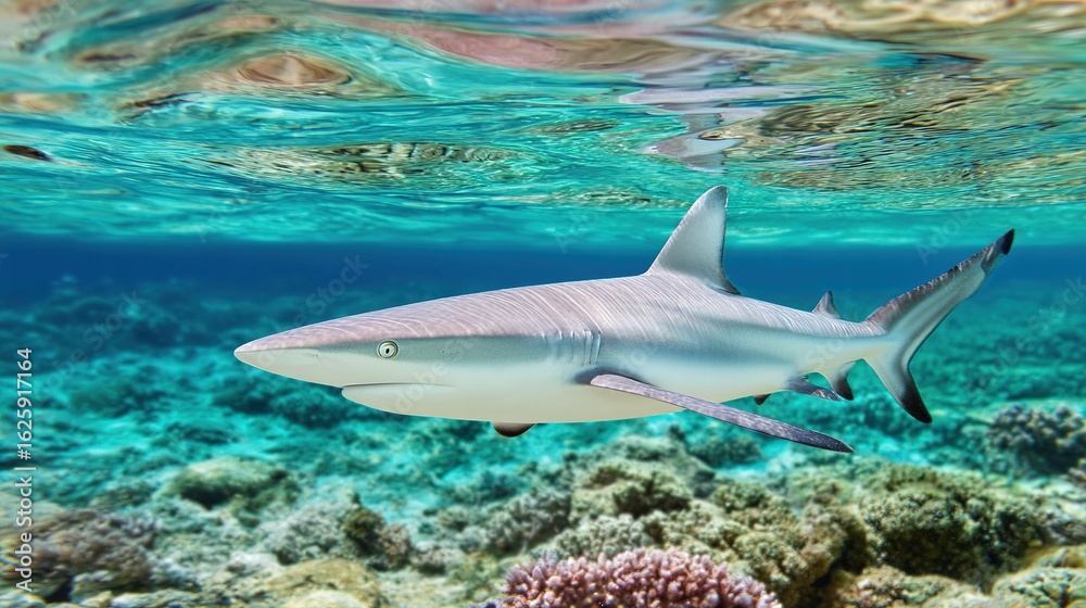 Fototapeta premium a shark Swimming in Clear Ocean with Coral Reef, Sunlight Filtering – Natural Underwater Scene for Marine Conservation & Travel