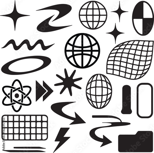 A set of abstract vector icons and symbols for global abstract icons, globes, stars, grids, and tech-inspired elements. Perfect for digital design, posters, and streetwear graphics. black and white