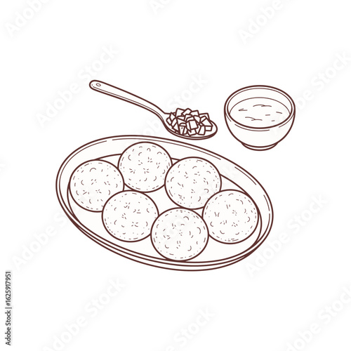 Delicious Dessert on Plate: A line art illustration showcases a delectable assortment of desserts meticulously arranged on a plate, complemented by a spoonful of sweet treat.