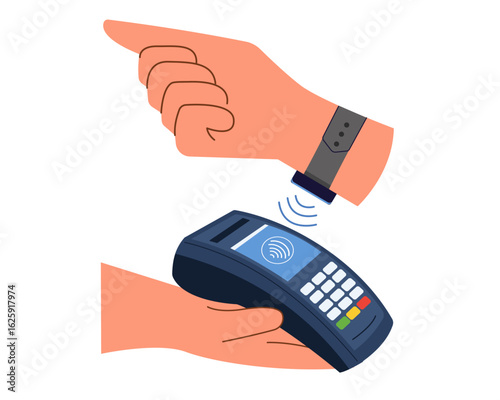 Hands with smart watch making payment by POS terminal contactless payment nfc digital transaction vector illustration