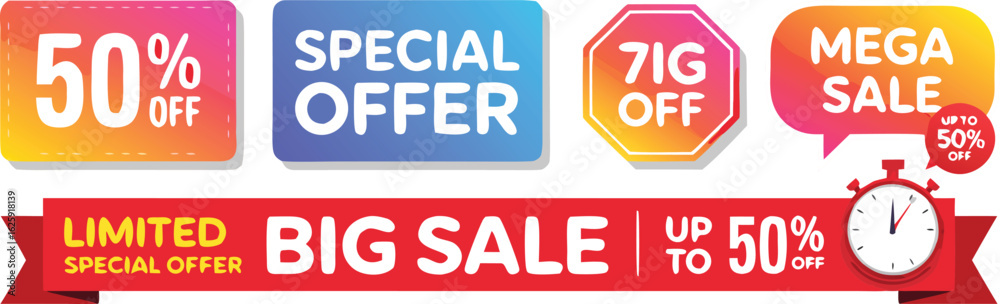 Colorful Sale Badges and Ribbons Featuring Big Discounts, Special Offers, and a Countdown Timer Illustration Colorful Sale Badges and Ribbons Featuring Big Discounts, Special Offers, and a Countdown Timer Illustration