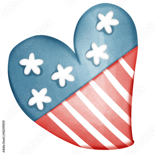 Patriotic heart with soft rounded stripes and five white stars