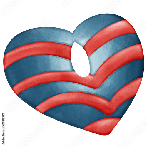 Red and Blue Heart with Chevron Stripes and Center Hole