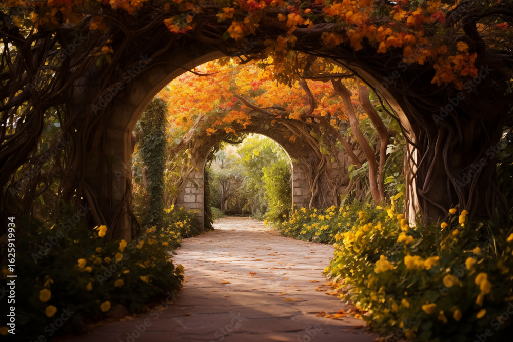 Fototapeta premium A soft-focus garden path with yellow and orange leaves, it's a tunnel-like flower garden.