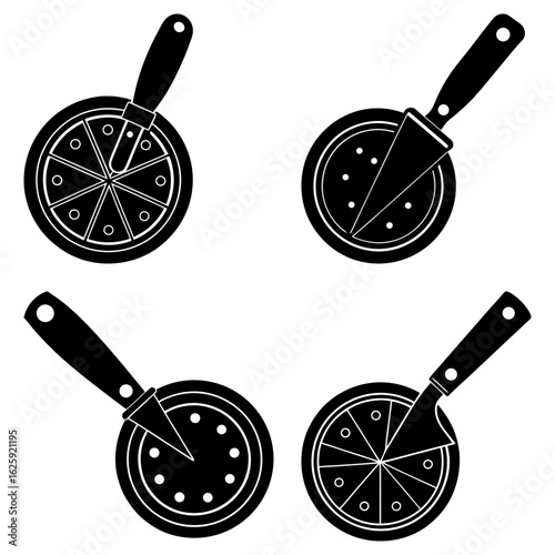 Four pizza cutters slicing pizzas into different numbers of slices in a black and white illustration