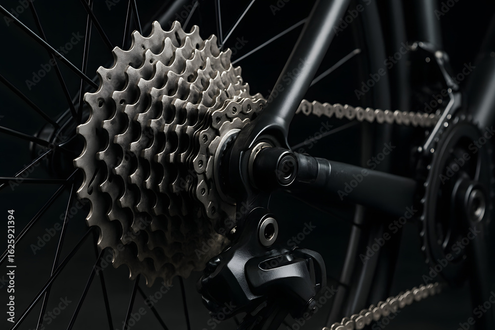 Fototapeta premium Close up bicycle gear cassette chain drivetrain mechanism mountain bike sprocket cycling component mechanical technology black metallic detailed bike part sports equipment outdoor riding cycling perfo