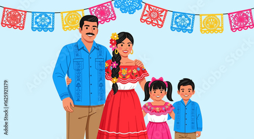 A happy Hispanic family in colorful traditional Mexican attire celebrating a cultural festival with papel picado.