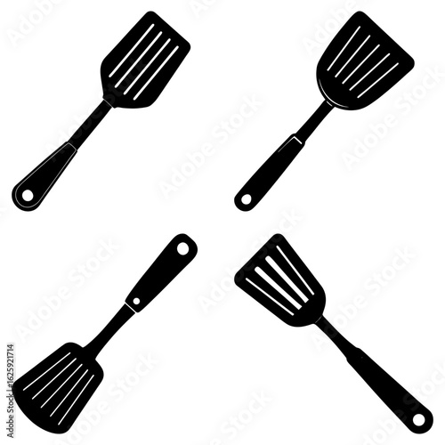 Four black spatulas with slotted heads and handles arranged on a white background in a simple style
