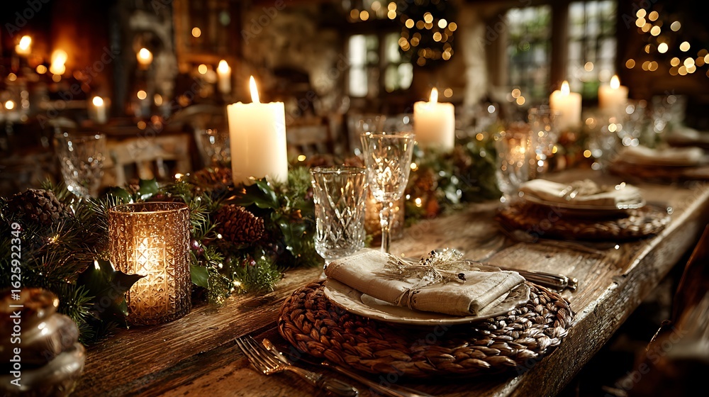 Naklejka premium Warmly lit rustic dining table setting with candles and festive greenery for a cozy gathering