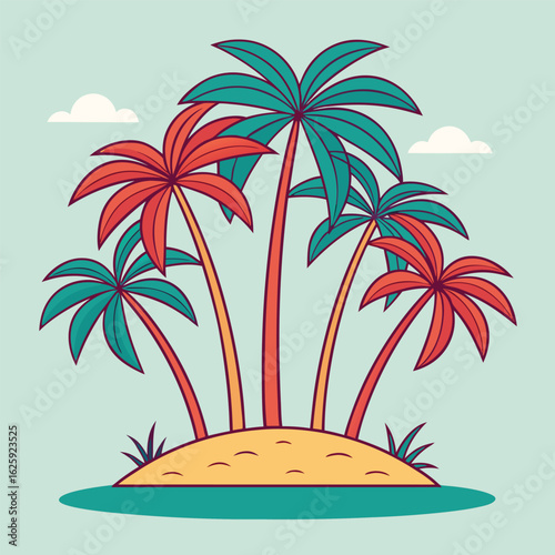 Vibrant tropical island with palm trees and ocean waves