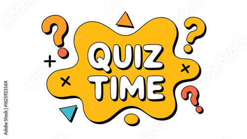 Quiz time design with question marks and geometric shapes on a yellow background