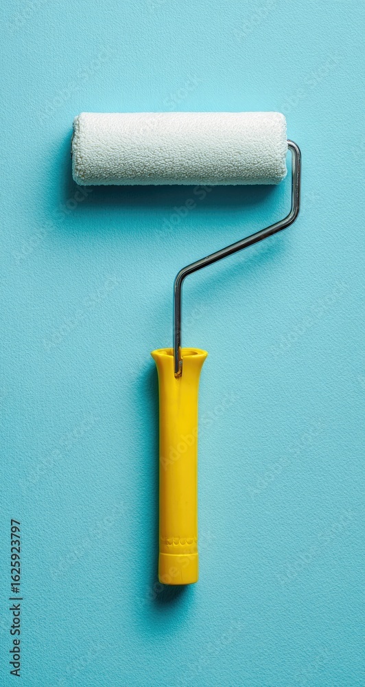 Fototapeta premium A paint roller, white and fluffy, rests on a bright teal surface. The handle is a vibrant yellow