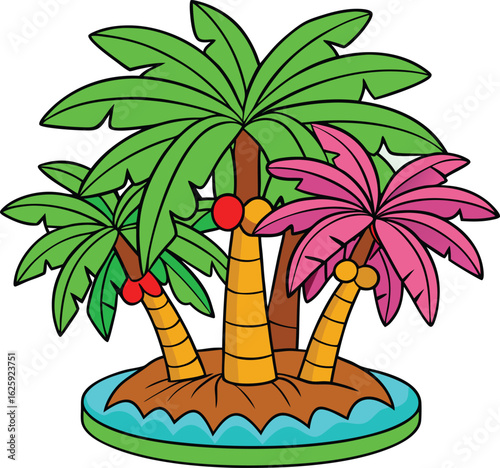 Colorful cartoon palm trees on a tropical island