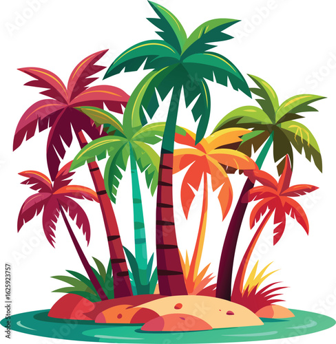 Vibrant tropical island oasis with colorful palm trees