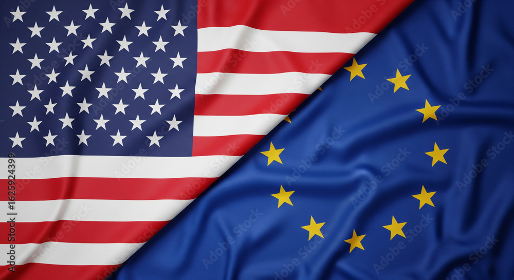 Obraz premium USA and European Union Flags with Realistic Fabric Texture and Dramatic Lighting Representing Global Trade and Diplomacy JPG