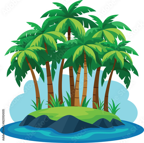 Tropical island paradise with lush green palm trees and blue water