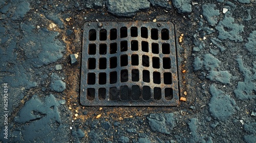 Wallpaper Mural Close-up of an iron drainage hole embedded in asphalt road surface, showing textured metal grate and surrounding pavement details Torontodigital.ca