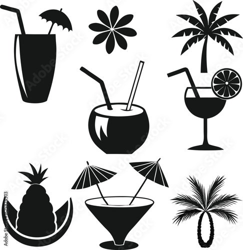 Tropical drinks and coconut cocktails with palm trees