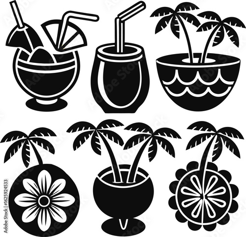 Tropical drinks and coconut cocktails with palm trees