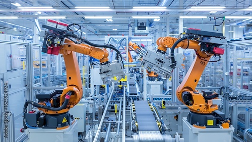 Twin orange industrial robotic arms precisely operate on a conveyor belt within a vast, brightly lit modern factory.