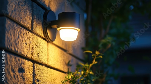 Close-up of LED floodlight fixed on outer wall, designed for outdoor security