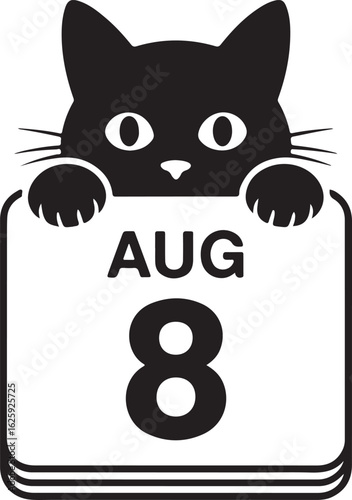 August 8th Calendar Sign: Cute Black Cat Vector Icon, Playful Symbol Design