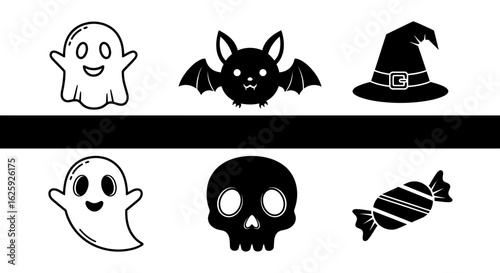 Set of cute Halloween graphic icons. Spooky symbols like ghost, bat, skull, and witch hat in a minimalist black and white style for design.