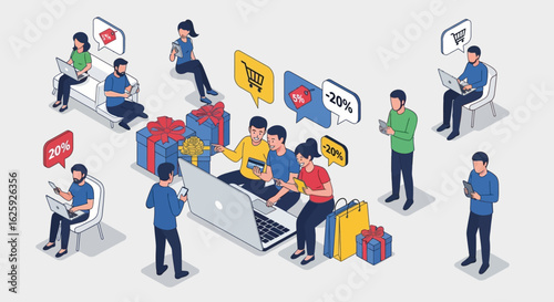 Isometric concept of people shopping online using laptops and smartphones, engaging in e-commerce with digital payments and discounts.