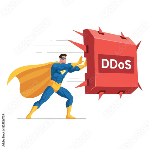 A superhero figure combats a DDoS attack, pushing a large red block labeled "DDoS" away.