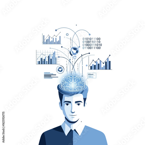 Abstract illustration of a person's head with data visualizations, suggesting innovative thinking and business intelligence.
