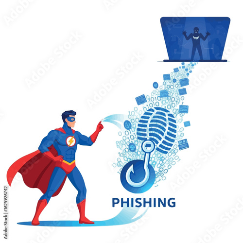 Superhero deflects phishing attack, protecting digital identity from online threats via a computer screen.
