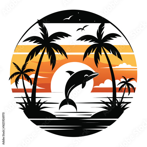 Jumping dolphin silhouette with palm trees at sunset