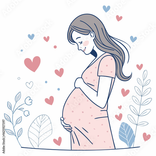 Flat illustration of a pregnant woman gently touching her belly, surrounded by hearts, maternity care, line art with soft pink and blue, white background, family vector.