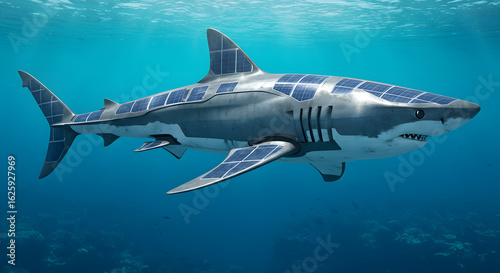 Wallpaper Mural Futuristic shark swims underwater powered by clean solar energy panels for sustainable ocean life Torontodigital.ca