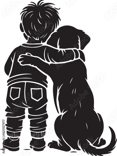 Vector art of a boy and his dog hugging each other isolated on white background