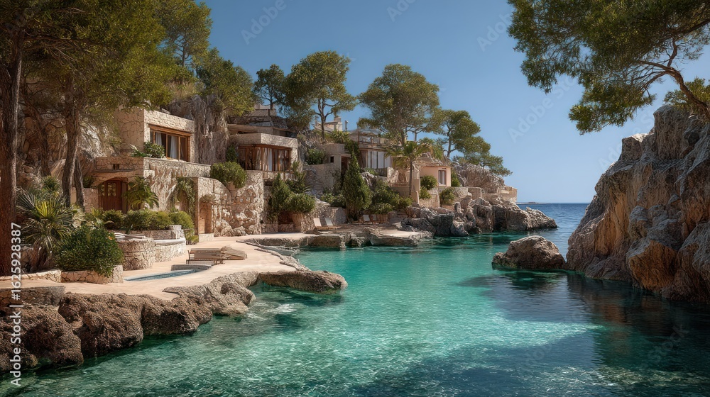 Fototapeta premium Coastal houses nestled by turquoise sea