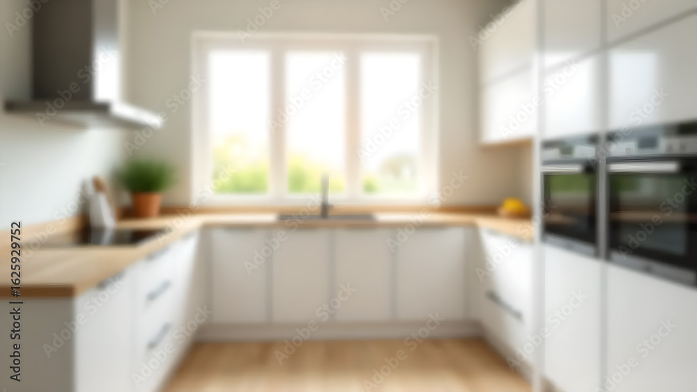 Fototapeta premium Abstract blurred image of modern minimalist kitchen interior. White cabinets, light wooden counter.