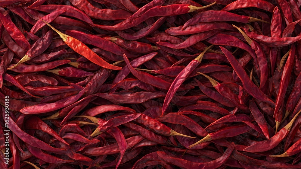 Fototapeta premium Top view surface of dry red chilies background - generative AI